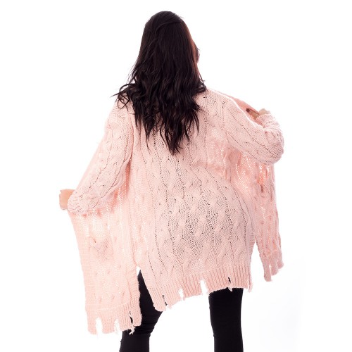 Dámská móda a doplňky - Dámský dlouhý růžový pulovr s trháním