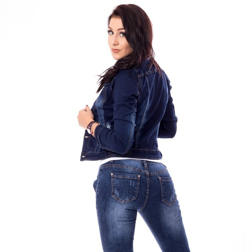 Dámská móda a doplňky - Dámská jeans bunda s trháním - tmavě modrá
