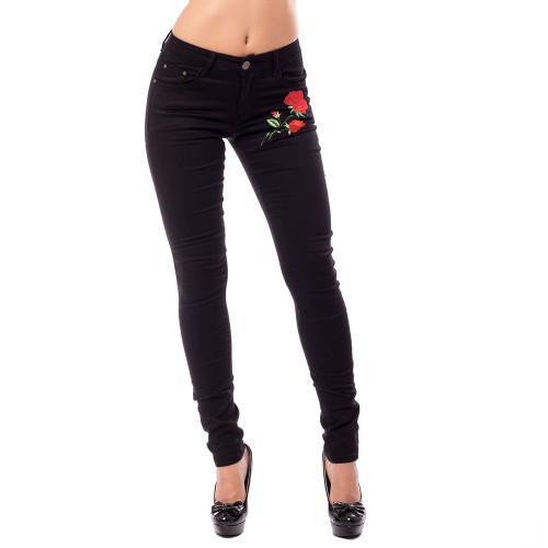 Dámská móda a doplňky - Dámské slim jeans s aplikací růže - černé