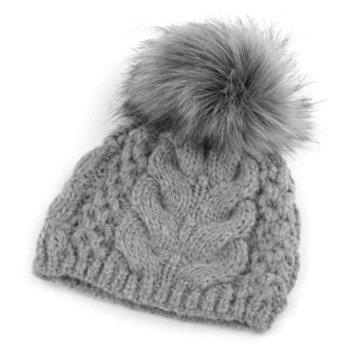 Dámská móda a doplňky - Zimní pletená čepice s bambulí - šedá