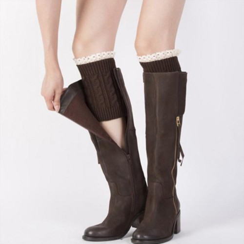 Dámská móda a doplňky - Pletené návleky na nohy s krajkou - 18 cm