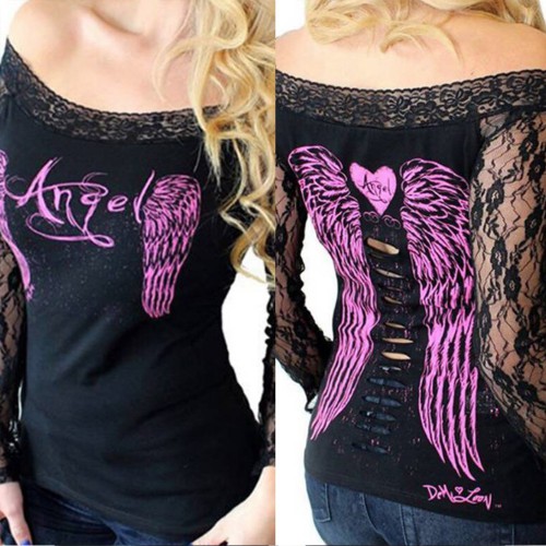 Dámská móda a doplňky - Dámský top Black Angel - růžový potisk