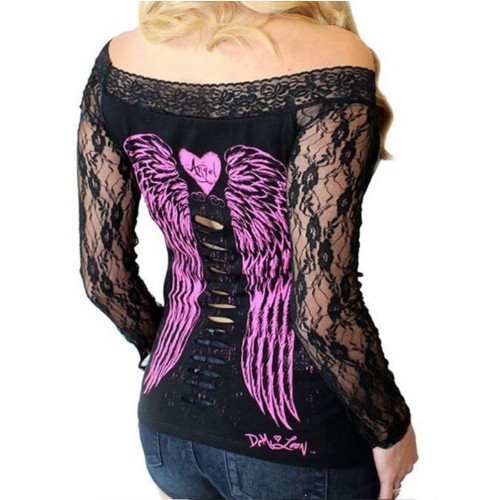 Dámská móda a doplňky - Dámský top Black Angel - růžový potisk