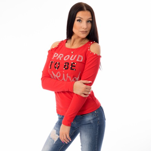 Dámská móda a doplňky - Halenka s ozdobnými nápisy a průstřihy - červená