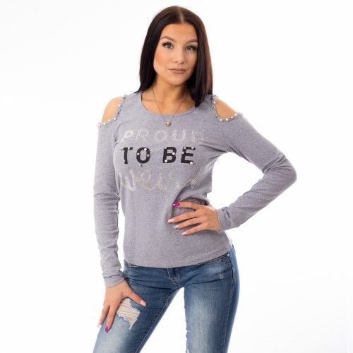 Dámská móda a doplňky - Halenka s ozdobnými nápisy a průstřihy - šedá