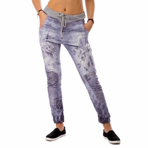 Dámská móda a doplňky - Dámské plátěné baggy jeans Flowers