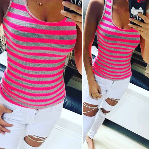 Dámská móda a doplňky - Dámské pruhované tílko v šedorůžové barvě