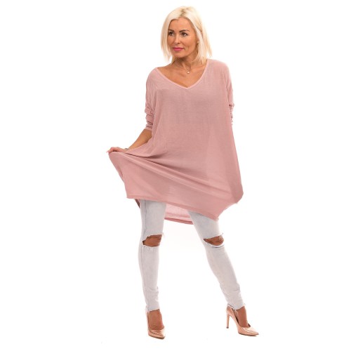 Dámská móda a doplňky - XXL Dámská dlouhá halenka s výstřihem V - starorůžová