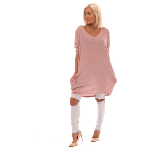 Dámská móda a doplňky - XXL Dámská dlouhá halenka s výstřihem V - starorůžová