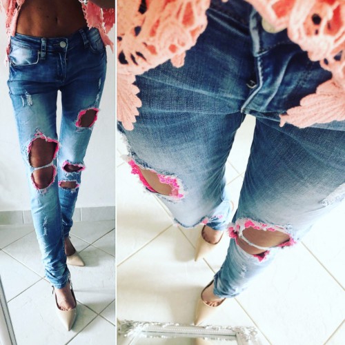 Dámská móda a doplňky - Slim jeans s krajkou - Pinky