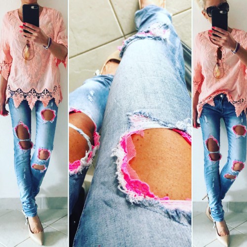 Dámská móda a doplňky - Slim jeans s krajkou - Pinky