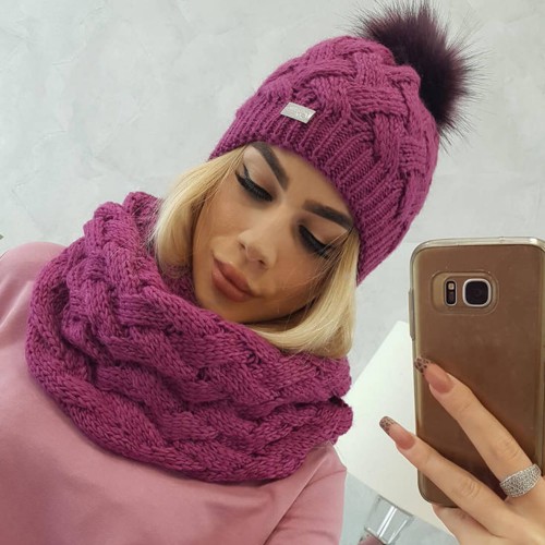 Dámská móda a doplňky - Dámská sada čepice a nákrčníku - Dark Purple