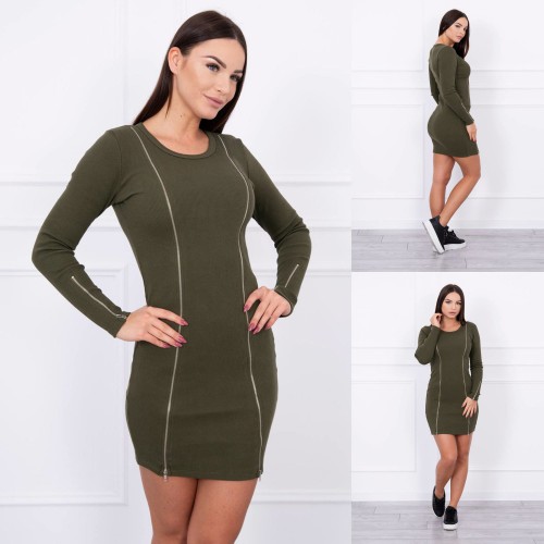 Dámská móda a doplňky - Dámské elastické šaty se zipy - Khaki