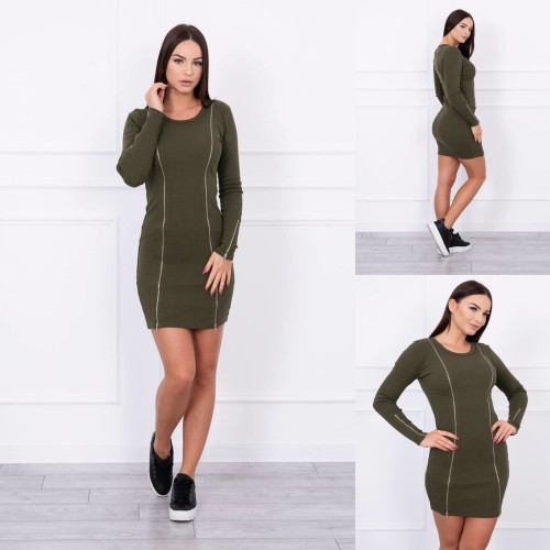 Dámská móda a doplňky - Dámské elastické šaty se zipy - Khaki
