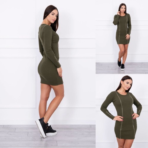 Dámská móda a doplňky - Dámské elastické šaty se zipy - Khaki