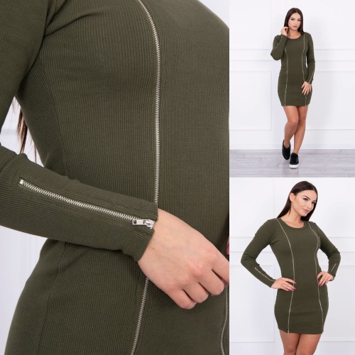 Dámská móda a doplňky - Dámské elastické šaty se zipy - Khaki