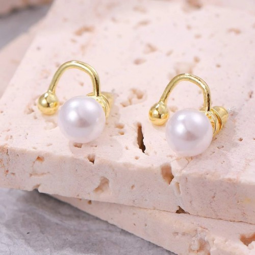 Dámská móda a doplňky - Náušnice Double s umělou perlou - zlatá