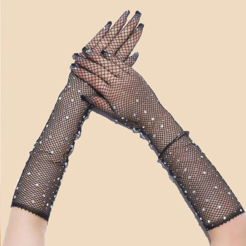 Dámská móda a doplňky - Dámské síťované dlouhé rukavice se zirkony