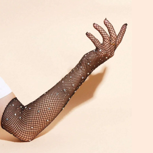 Dámská móda a doplňky - Dámské síťované dlouhé rukavice se zirkony