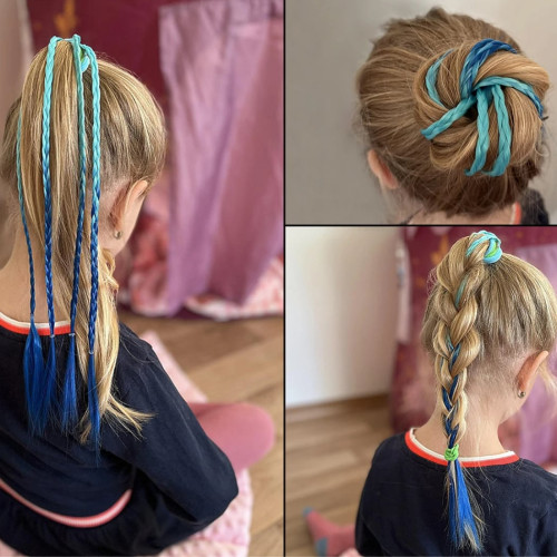 Prodlužování vlasů a účesy - Copánky na gumičce - fialová mint