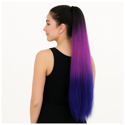 Prodlužování vlasů a účesy - Cop, culík k nasazeni 70 cm, kanekalon - ombre černá - fialová duha