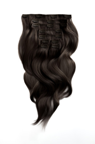 Prodlužování vlasů a účesy - Clip in vlasy 40 cm – 9dílná sada z pravých lidských vlasů v tmavě hnědé barvě
