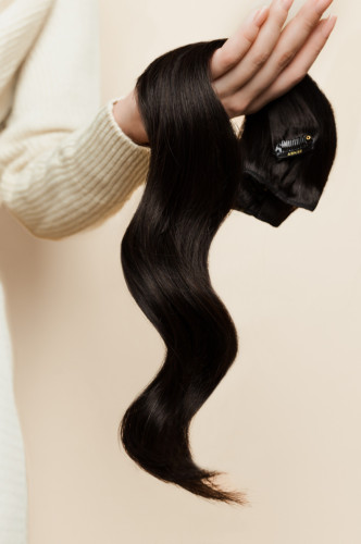 Prodlužování vlasů a účesy - Clip in vlasy 45 cm – 9 dílná sada z pravých lidských vlasů v tmavě hnědé barvě