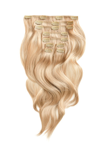 Prodlužování vlasů a účesy - Clip in vlasy 45 cm – 9 dílná sada z pravých lidských vlasů v blond barvě