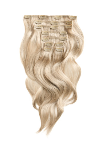 Prodlužování vlasů a účesy - Clip in vlasy 45 cm – 9 dílná sada z pravých lidských vlasů v ledové blond barvě