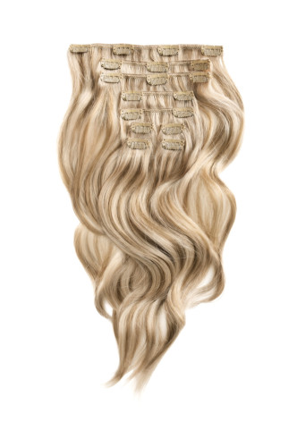 Prodlužování vlasů a účesy - Clip in vlasy 45 cm – 9dílná sada z pravých lidských vlasů v melíru ledová blond a střední blond