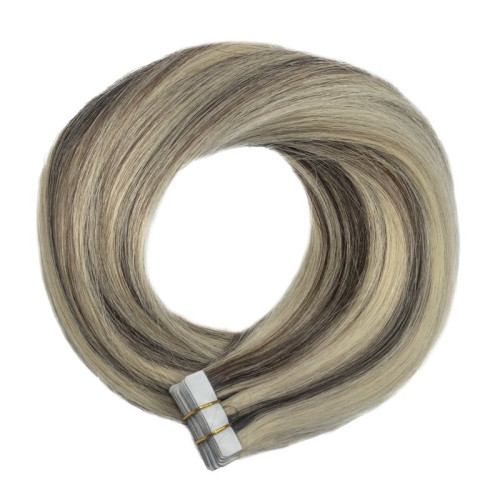 Prodlužování vlasů a účesy - TAPE IN vlasy Premium 60 cm – 20 pásků, 50 g, melír ledová blond / hnědá, pravé indické vlasy