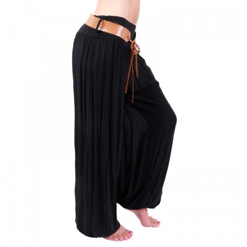 Dámská móda a doplňky - Černé, ležérní harémové kalhoty s hnědým páskem