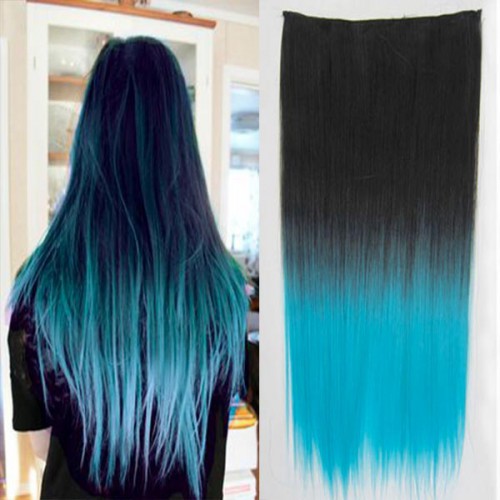 Prodlužování vlasů a účesy - Clip in vlasy - 60 cm dlouhý pás vlasů - ombre styl - odstín Black T Light Blue