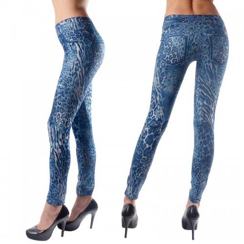 Dámská móda a doplňky - Dámské džínově - modré legínové kalhoty s gepardím vzorem