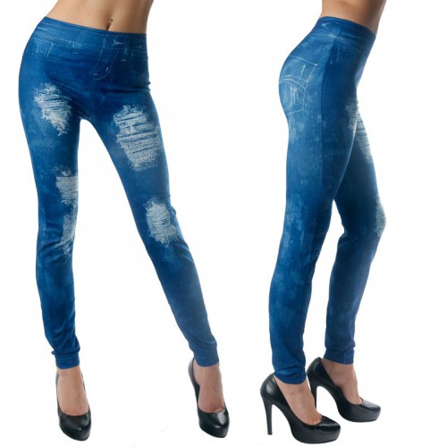 Dámská móda a doplňky - Dámské legínové kalhoty - imitace děravých džínů - modrá barva