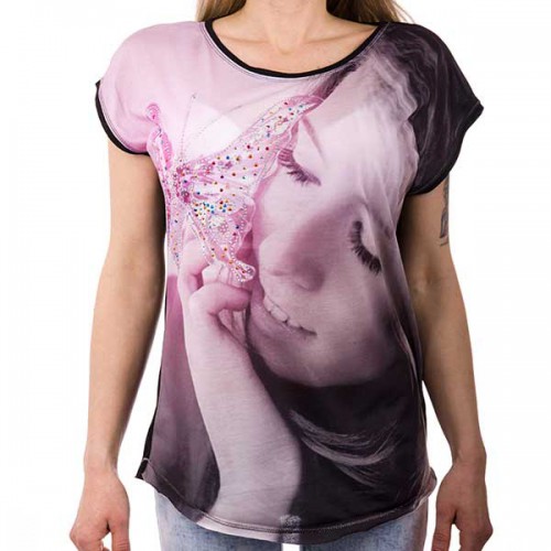 Dámská móda a doplňky - Černo - růžové tričko s motivem motýla