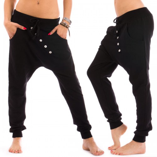 Dámská móda a doplňky - Teplákové haremky se šikmými stříbrnými knoflíky