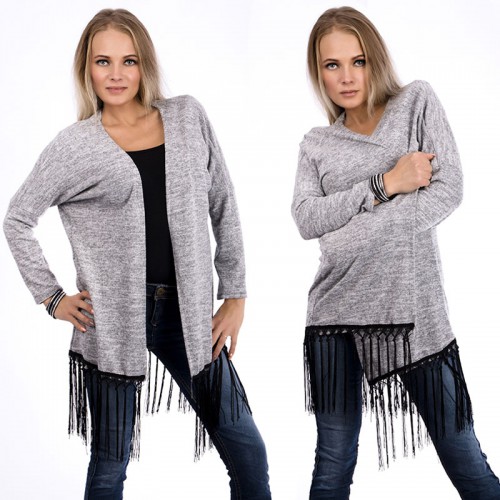 Dámská móda a doplňky - Šedý kardigan s třásněmi