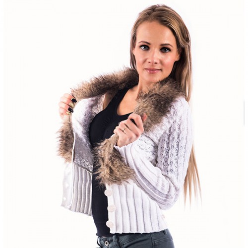 Dámská móda a doplňky - Dámský elegantní svetřík s kožešinovým límcem - bílý