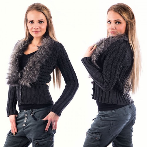 Dámská móda a doplňky - Dámský elegantní svetřík s kožešinovým límcem - tmavě šedý