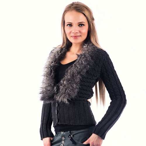 Dámská móda a doplňky - Dámský elegantní svetřík s kožešinovým límcem - tmavě šedý