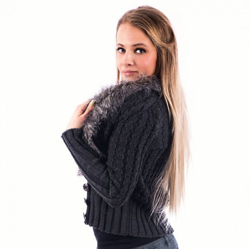 Dámská móda a doplňky - Dámský elegantní svetřík s kožešinovým límcem - tmavě šedý