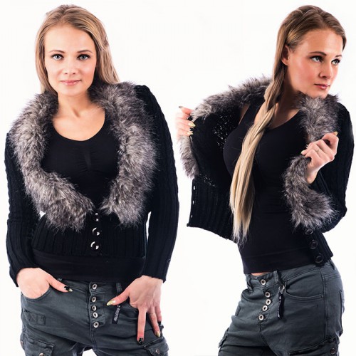 Dámská móda a doplňky - Dámský elegantní svetřík s kožešinovým límcem - černý