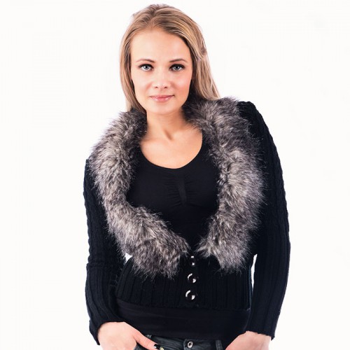 Dámská móda a doplňky - Dámský elegantní svetřík s kožešinovým límcem - černý