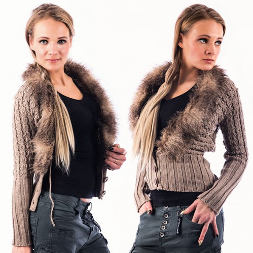 Dámská móda a doplňky - Dámský elegantní svetřík s kožešinovým límcem - světle hnědý