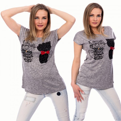Dámská móda a doplňky - Dámské tričko s aplikací koček - světle šedé