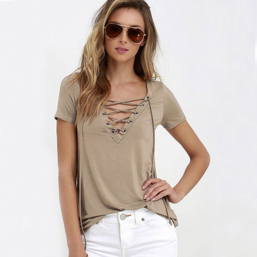 Dámská móda a doplňky - Dámské tričko s výstřihem Criss Cross - béžové