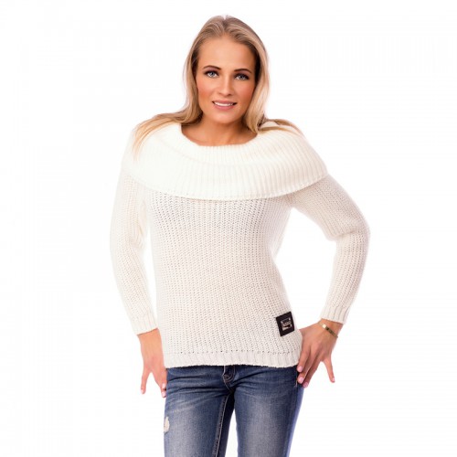 Dámská móda a doplňky - Stylový dámský svetr s širokým límcem - krémově bílý