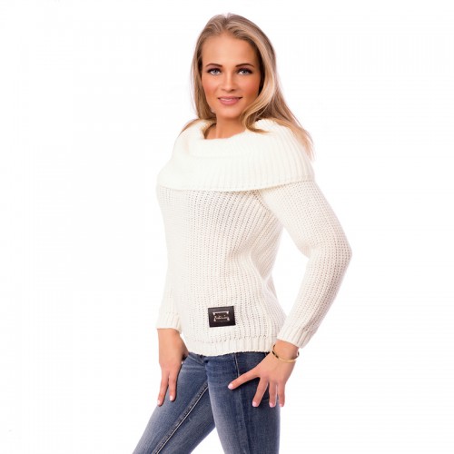 Dámská móda a doplňky - Stylový dámský svetr s širokým límcem - krémově bílý