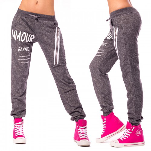 Dámská móda a doplňky - Dámské ležérní tepláky s potisky a zipem - šedé